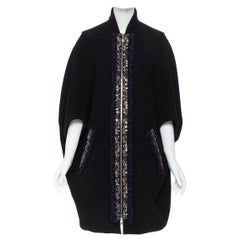 runway LOUIS VUITTON black boucle jewel stud embellished cocoon cape coat FR36 S