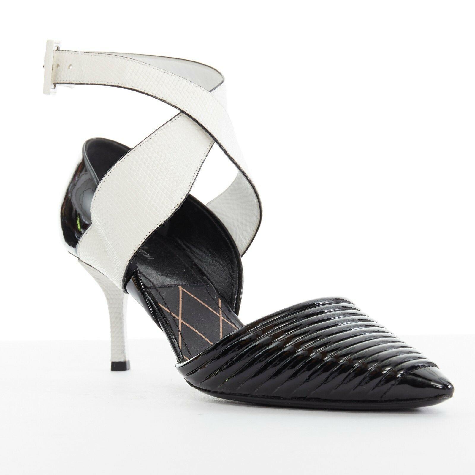 Gray runway LOUIS VUITTON black patent white cross ankle strap dorsay pumps EU38.5