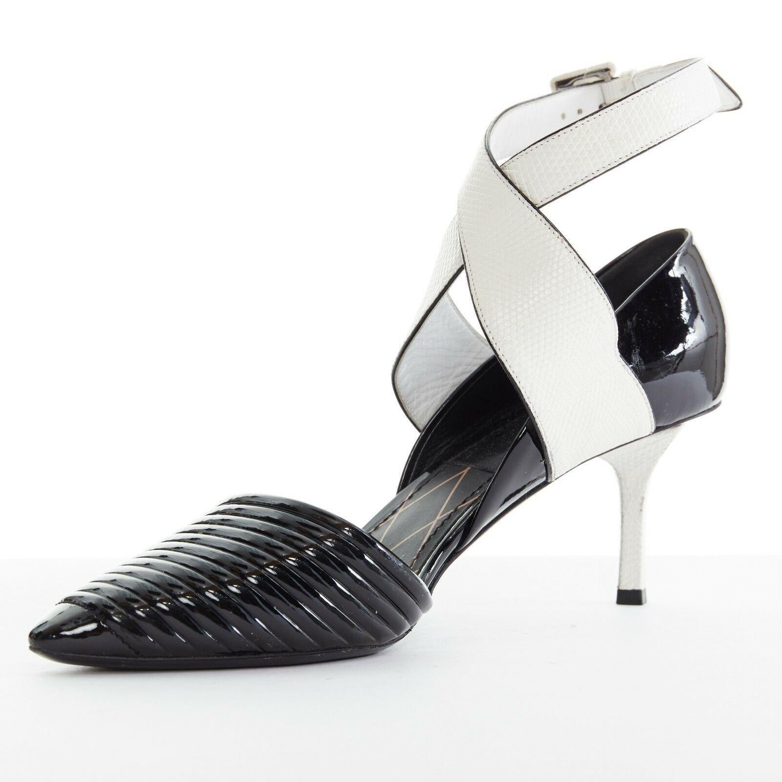 Women's runway LOUIS VUITTON black patent white cross ankle strap dorsay pumps EU38.5