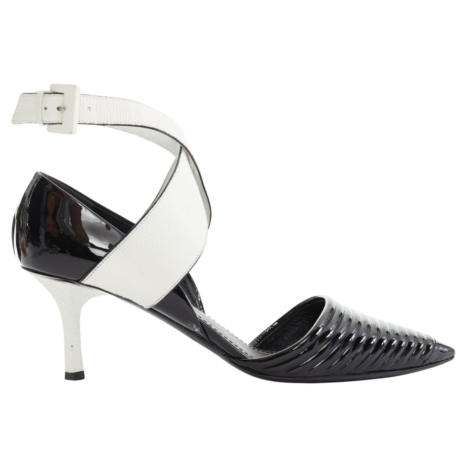 runway LOUIS VUITTON black patent white cross ankle strap dorsay pumps EU38.5