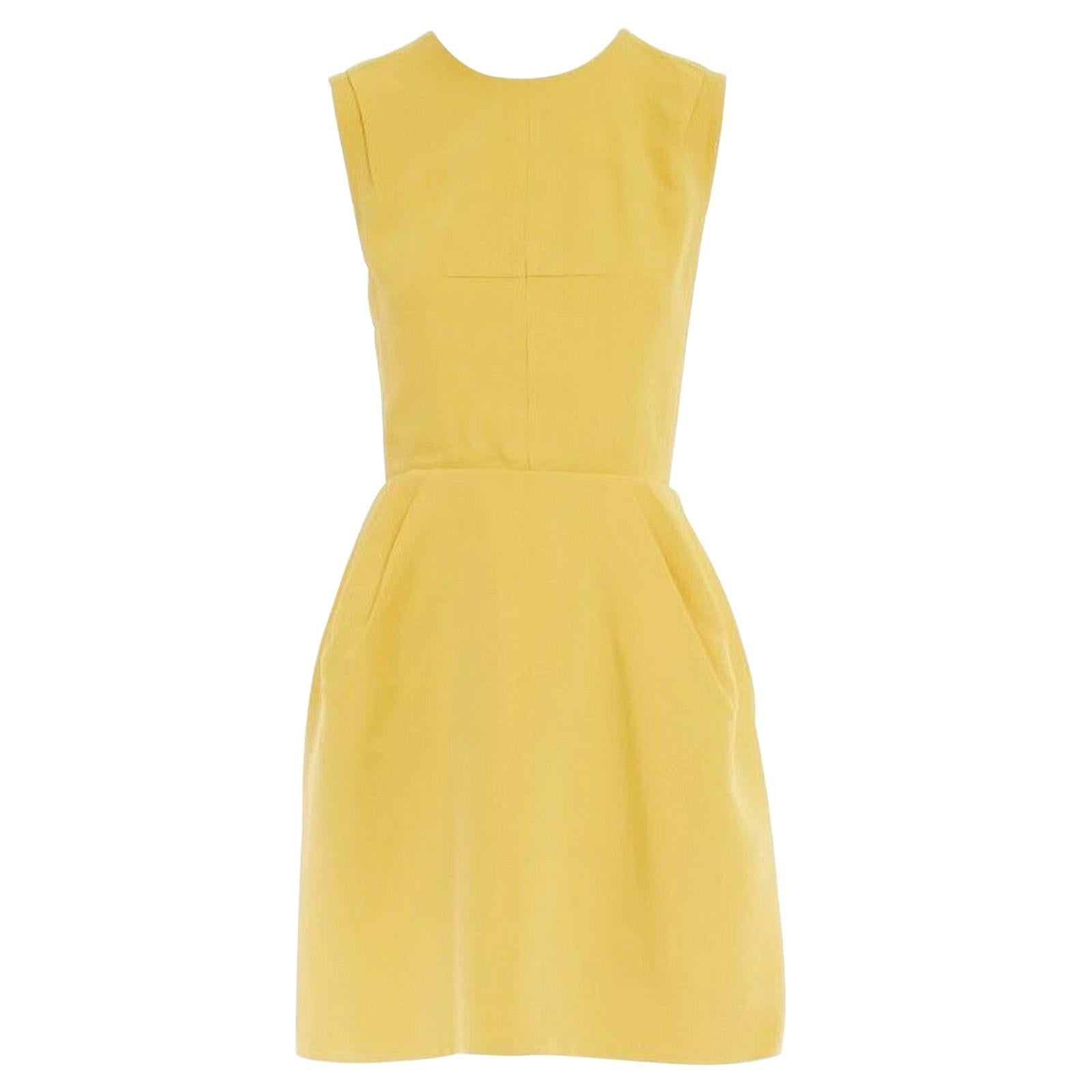 runway LOUIS VUITTON yellow handstitched seams zip back flared dress FR38 M