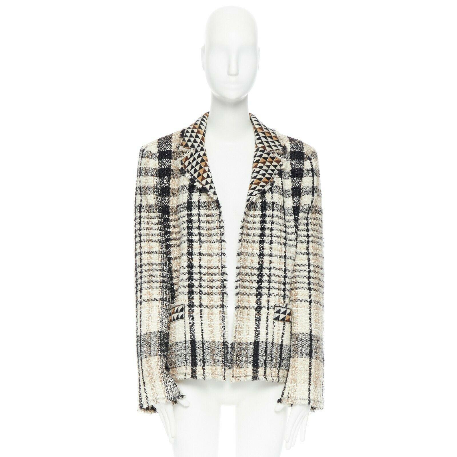 runway MEN'S CHANEL 04A plaid fantasy tweed cashmere lined boxy jacket  FR42
Brand: CHANEL
Designer: Karl Lagerfeld
Collection: 04A
Model Name / Style: Tweed jacket
Material: Wool with cashmere lining
Color: Grey, beige, ivory, black
Pattern: