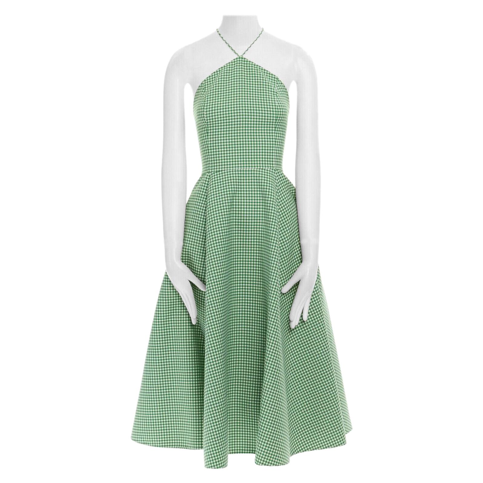 runway MICHAEL KORS COLLECTION green gingham wool halter neck midi dress US0 XS