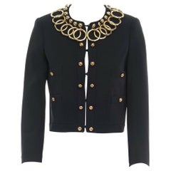 runway MOSCHINO black gold metal ring trimmed collar cropped classic jacket S