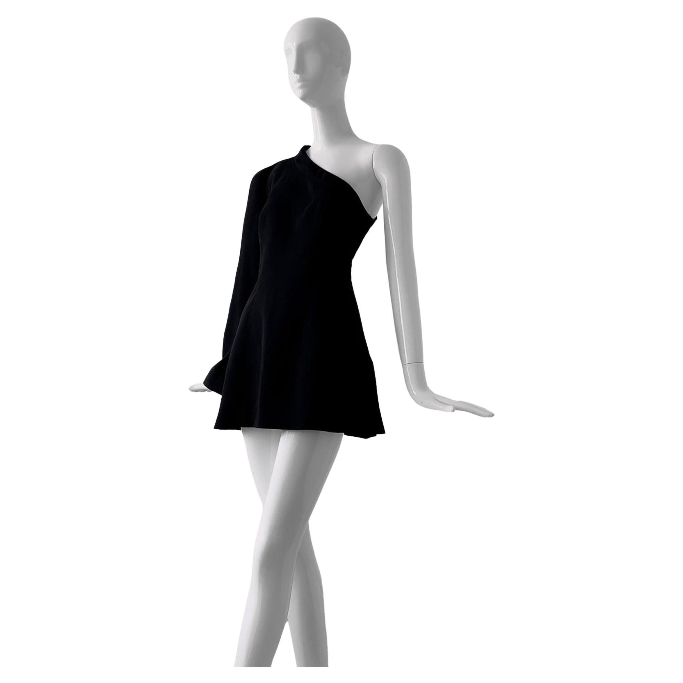 Runway Mugler FW 2000 Collection Black Tunic Dress Asymmetric Shoulder Removable For Sale