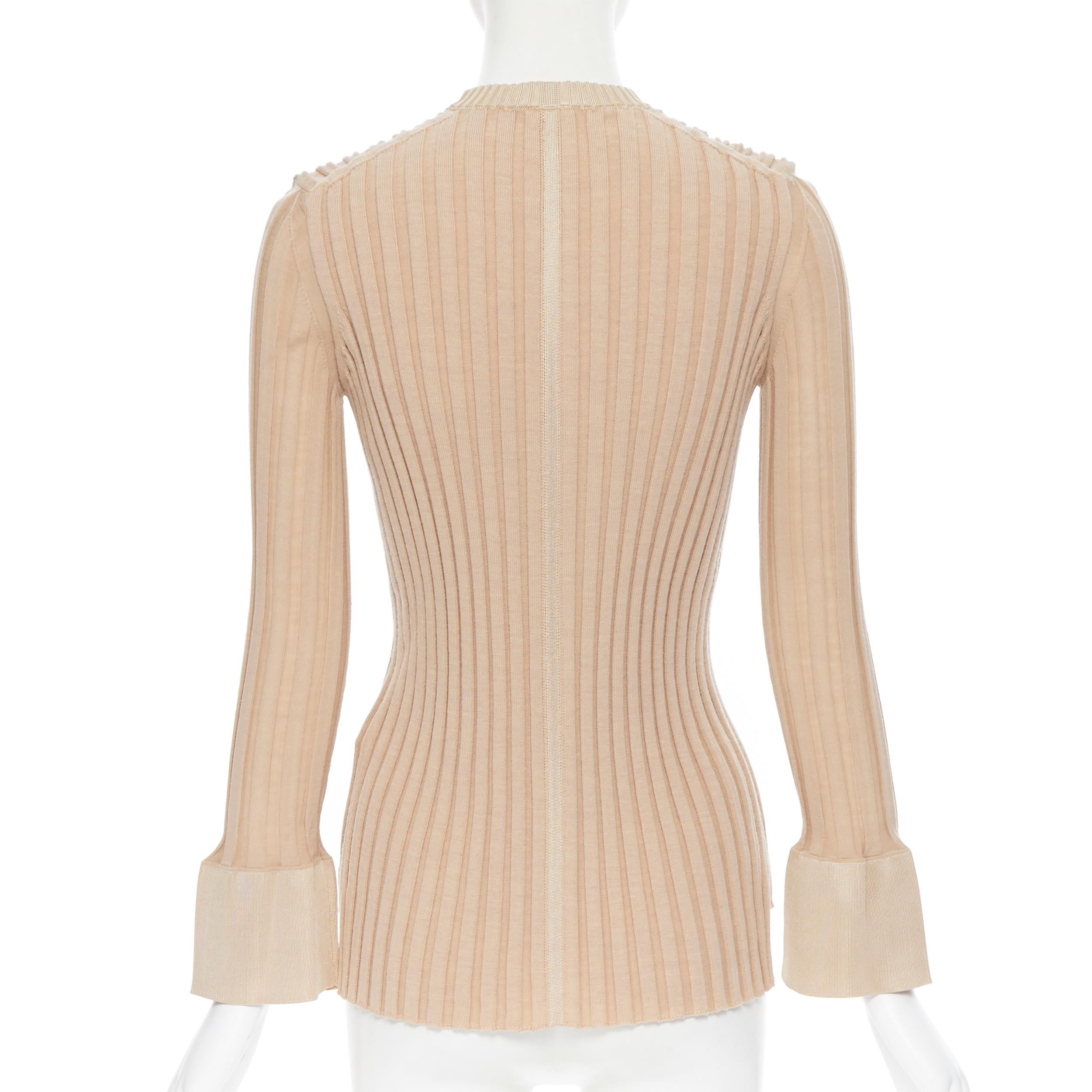 Beige runway OLD CELINE Phoebe Philo beige ribbed knit flared bell cuff sweater top XS