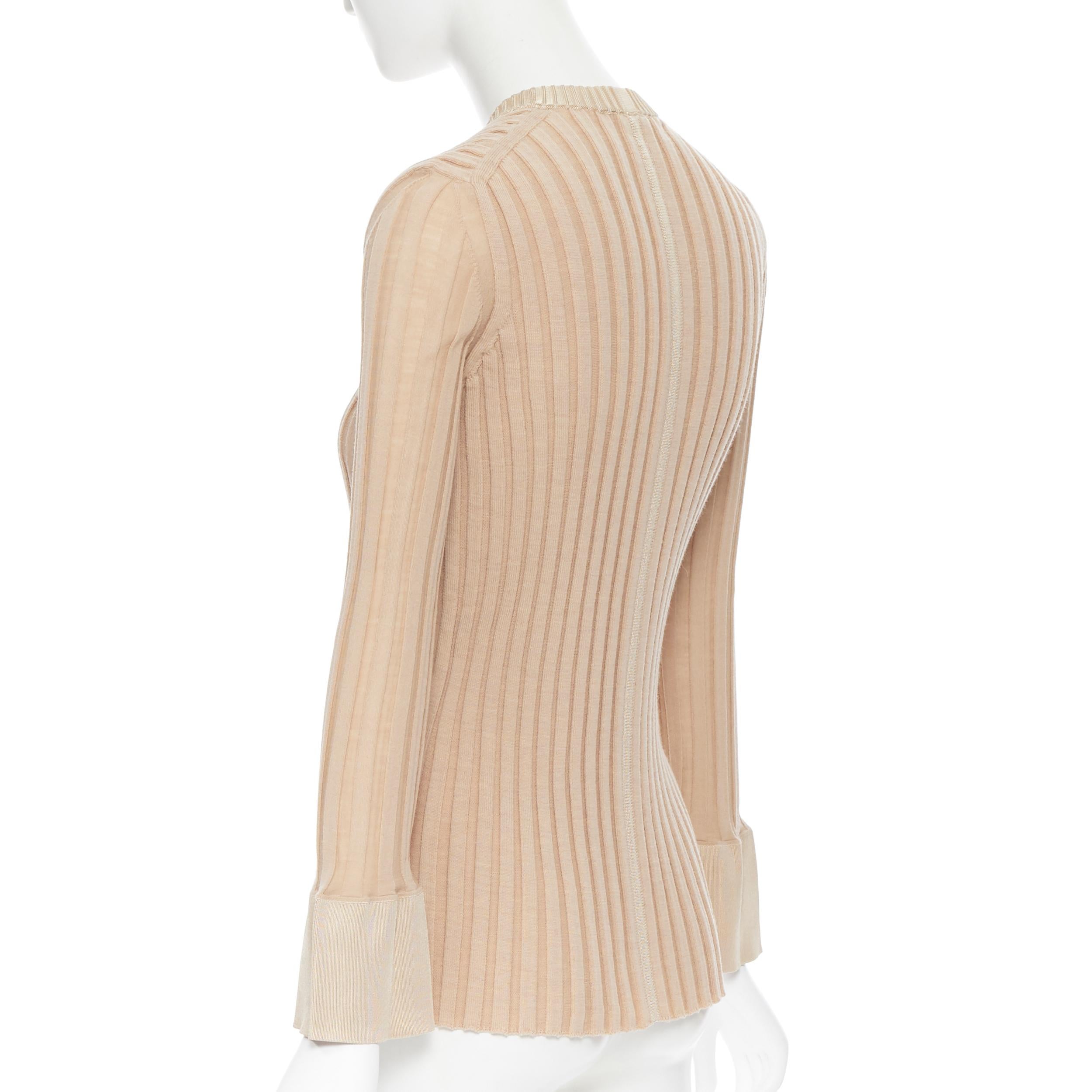 runway OLD CELINE Phoebe Philo beige ribbed knit flared bell cuff sweater top XS In Excellent Condition In Hong Kong, NT