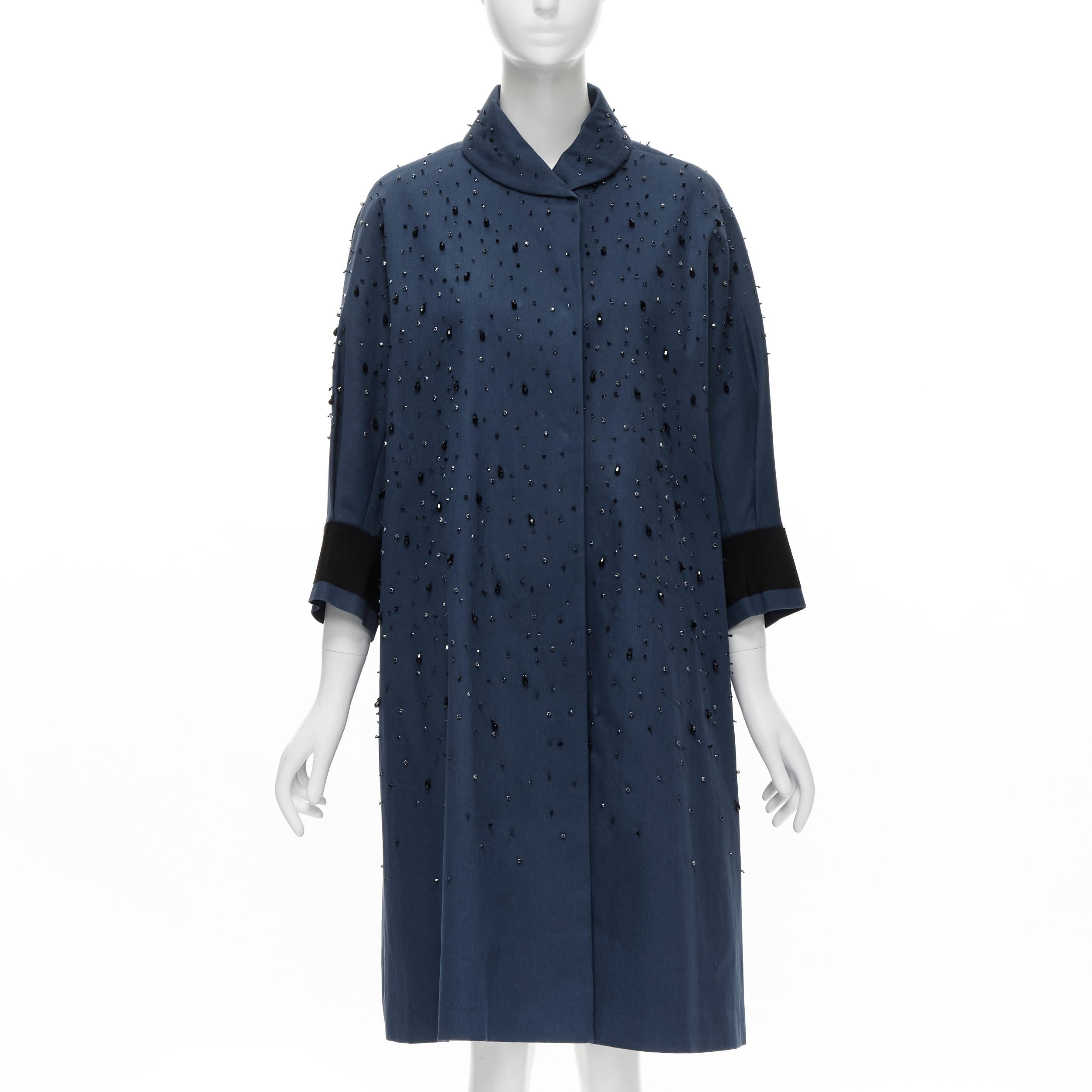 Black runway PRADA 2015 blue cotton crystal rhinestone embellished cocoon coat IT38 XS For Sale