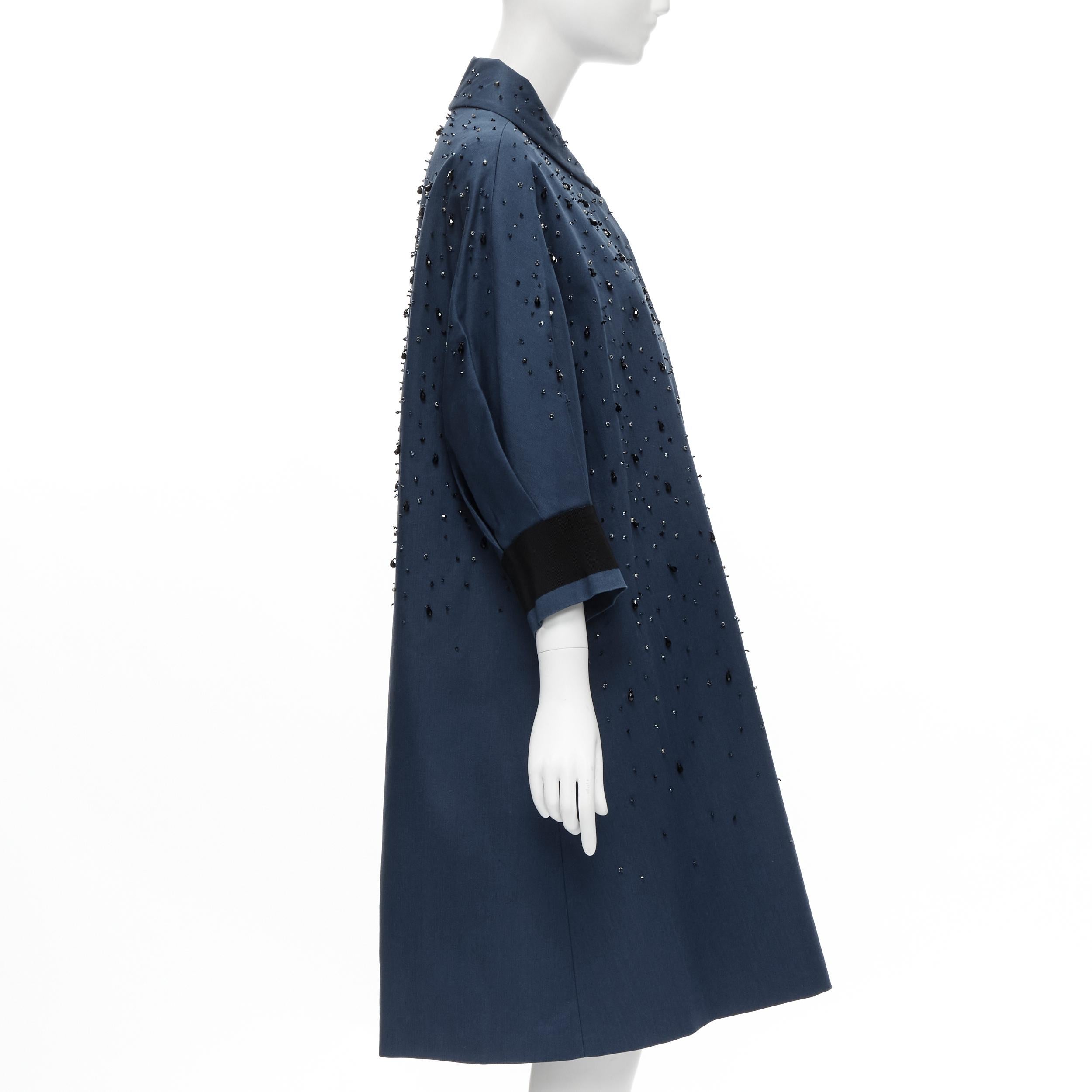 runway PRADA 2015 blue cotton crystal rhinestone embellished cocoon coat IT38 XS In Excellent Condition For Sale In Hong Kong, NT