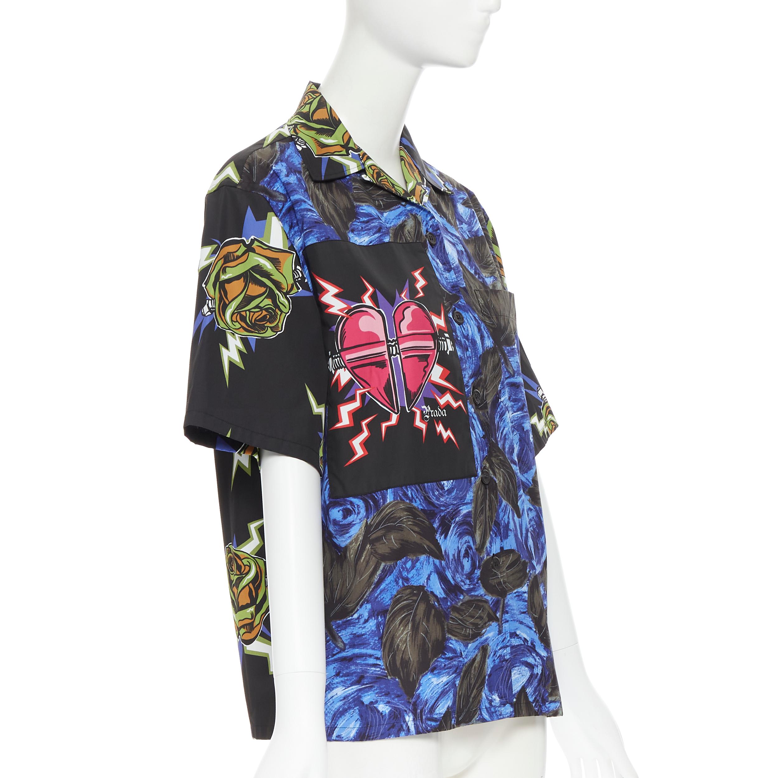 Nero Prada 2019 Frankenstein swirl rose micro heart patch boxy shirt IT36 XXS