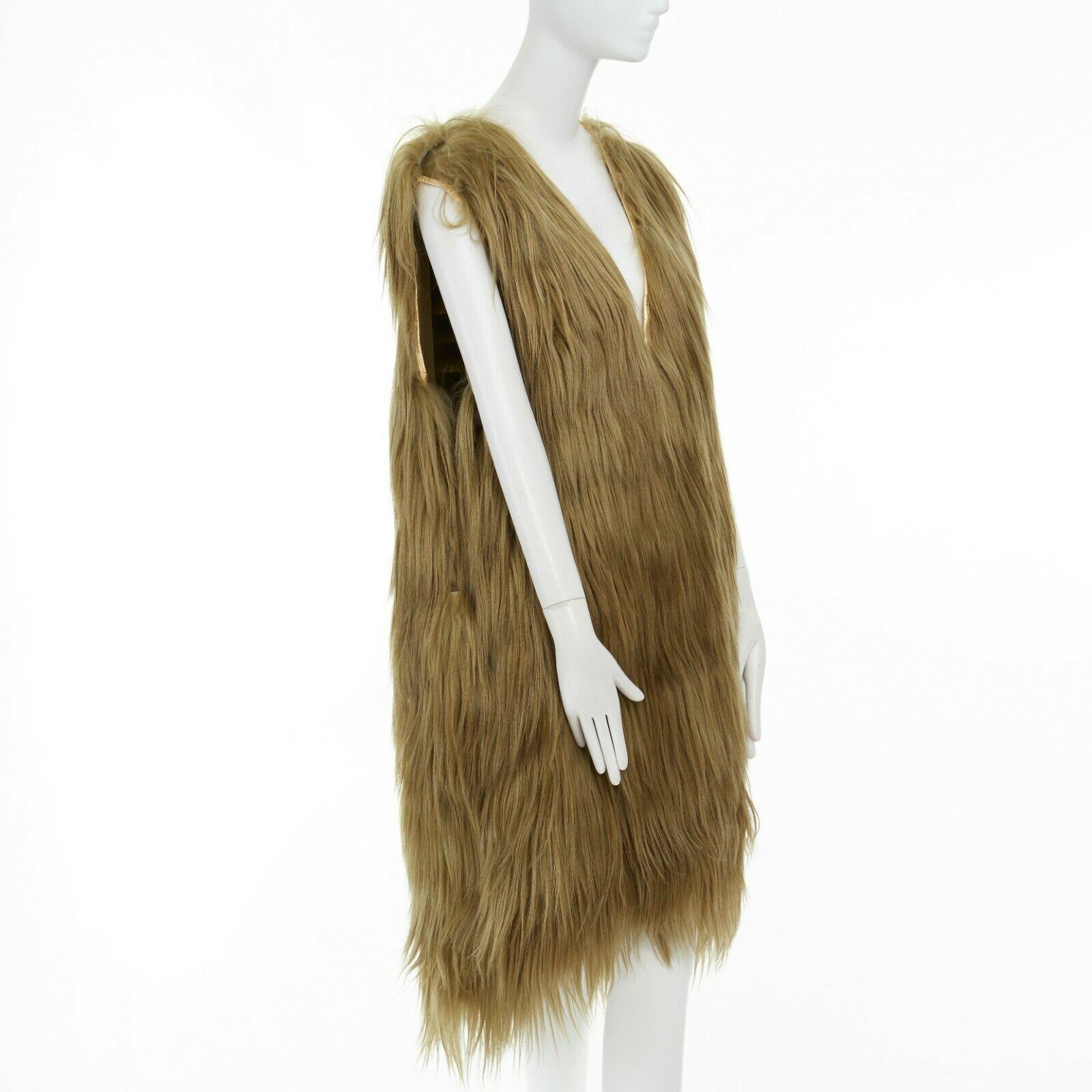 Brown runway PRADA gold genuine long goat fur leather trimmed V-neck shift dress IT38