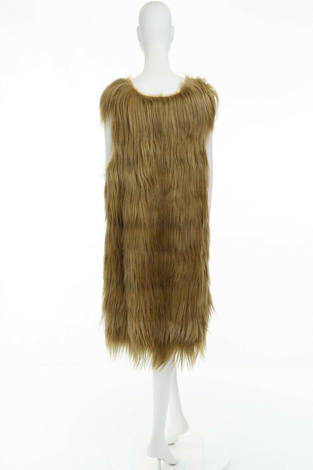 Women's runway PRADA gold genuine long goat fur leather trimmed V-neck shift dress IT38