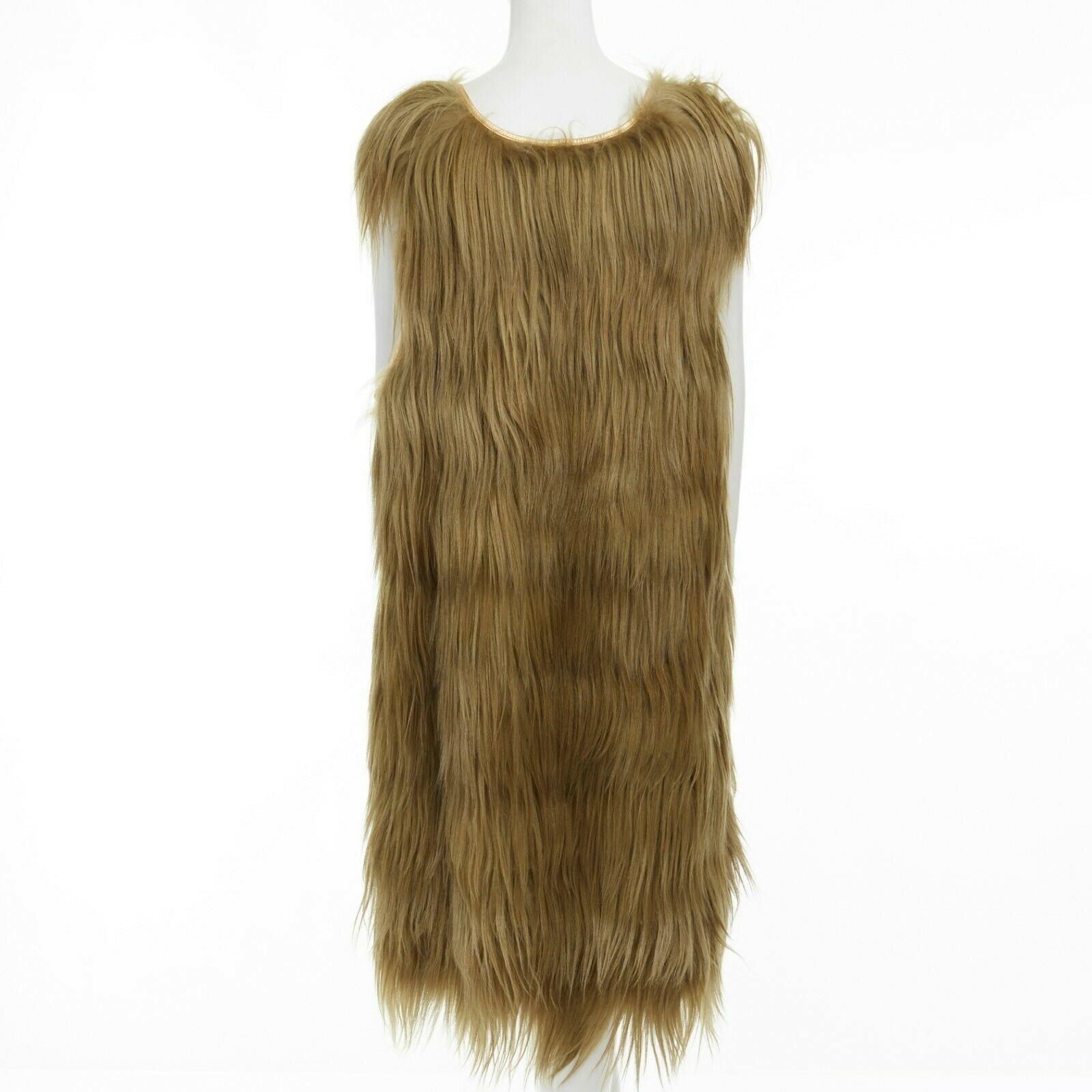 runway PRADA gold genuine long goat fur leather trimmed V-neck shift dress IT38 1