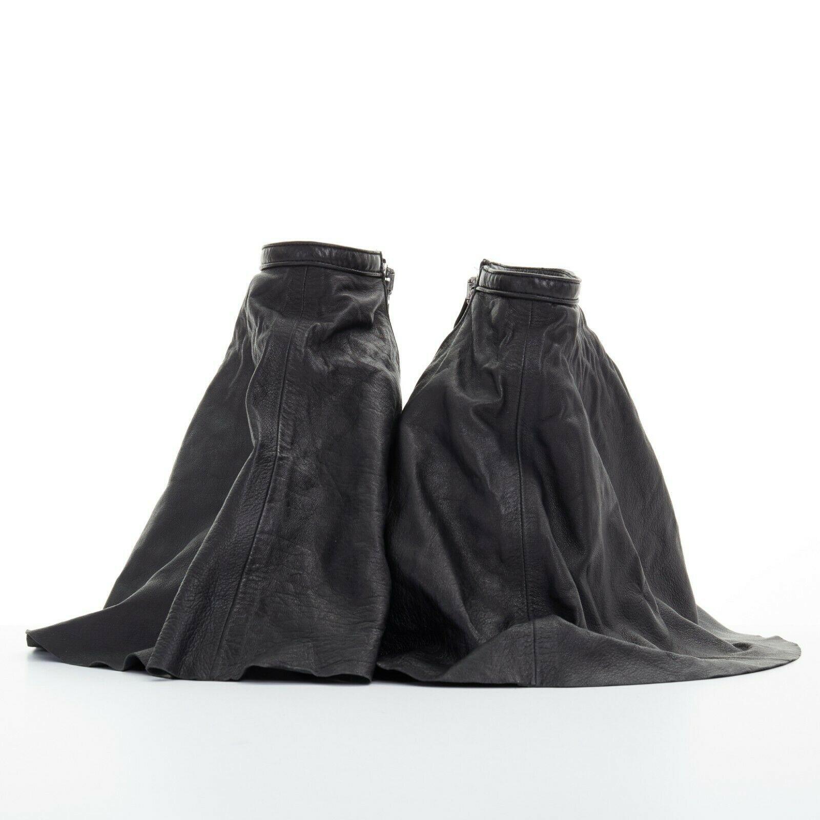 Black runway RICK OWENS black draped leather flared flap wedge heel sandals EU37 US7