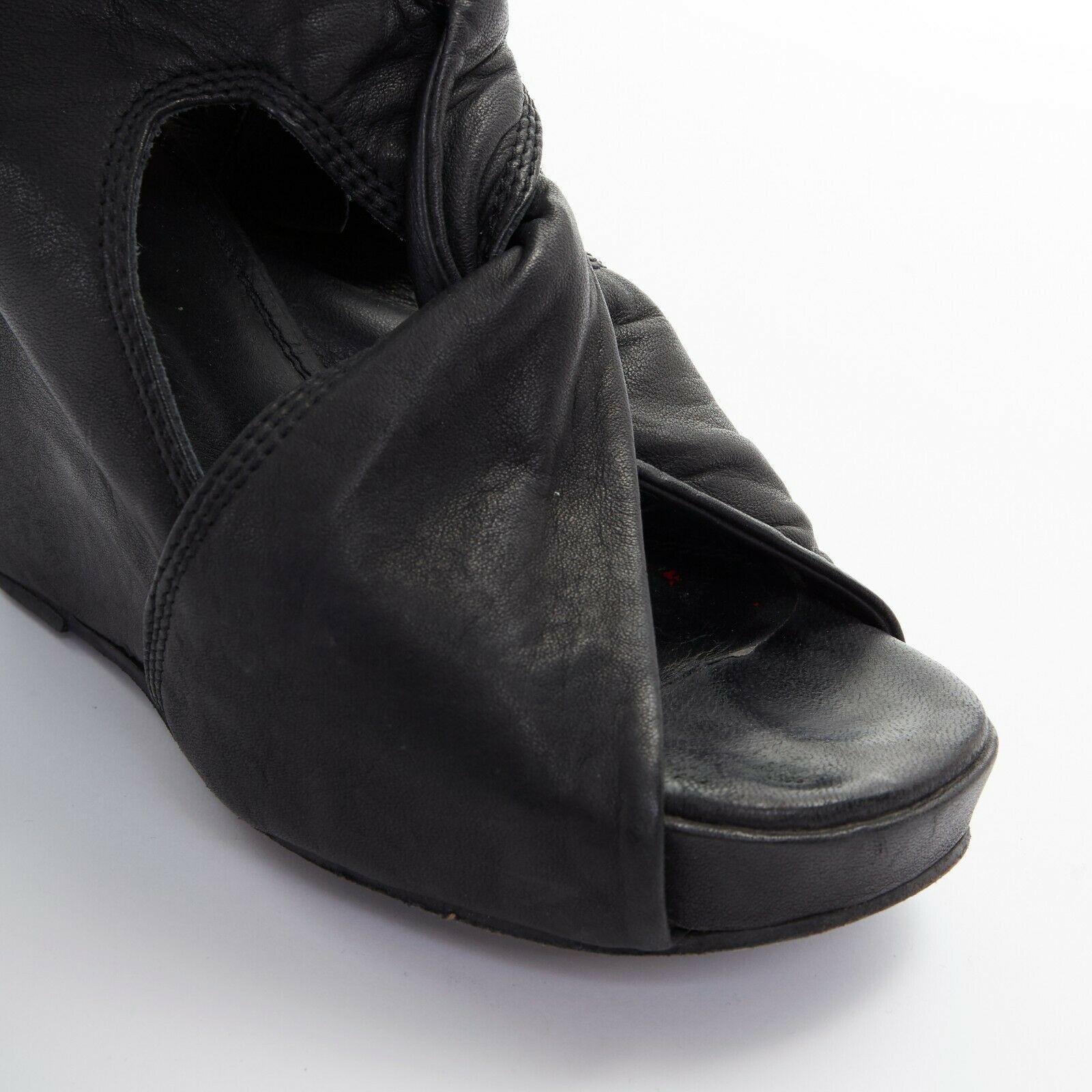 runway RICK OWENS black draped leather flared flap wedge heel sandals EU37 US7 In Good Condition In Hong Kong, NT