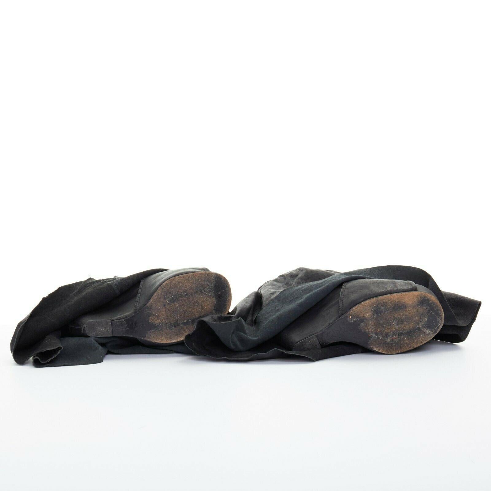 Women's runway RICK OWENS black draped leather flared flap wedge heel sandals EU37 US7