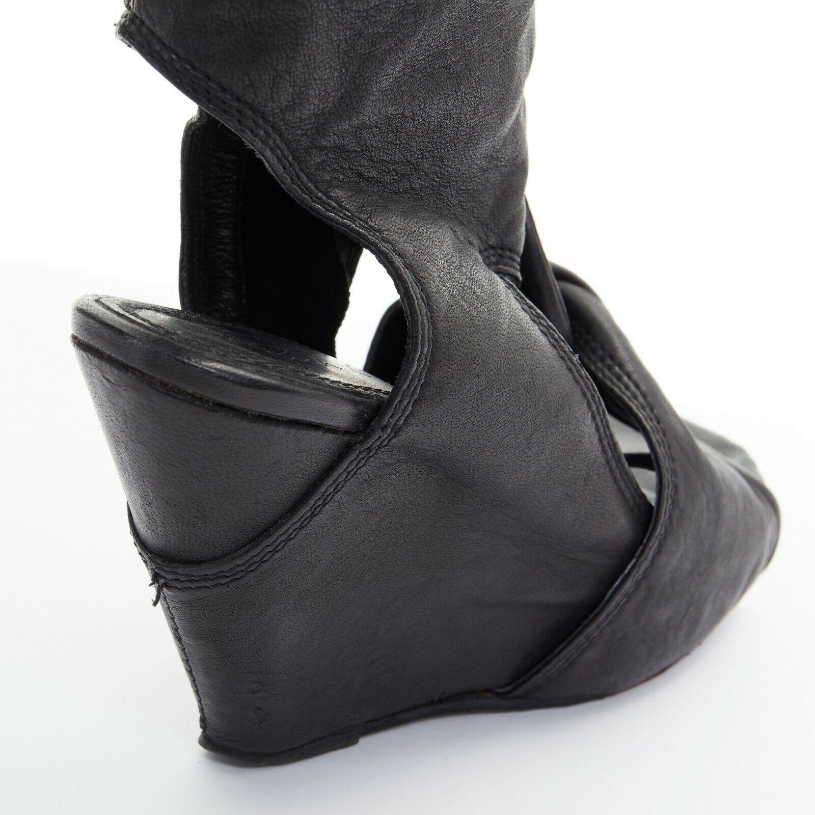 runway RICK OWENS black draped leather flared flap wedge heel sandals EU37 US7 1