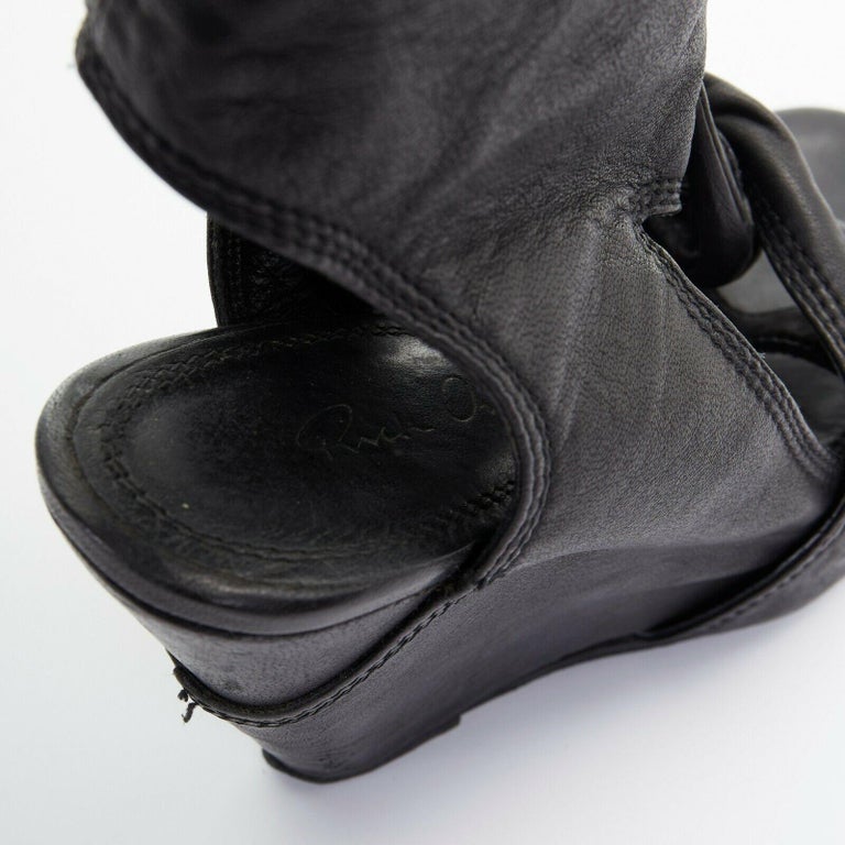 runway RICK OWENS black draped leather flared flap wedge heel sandals ...