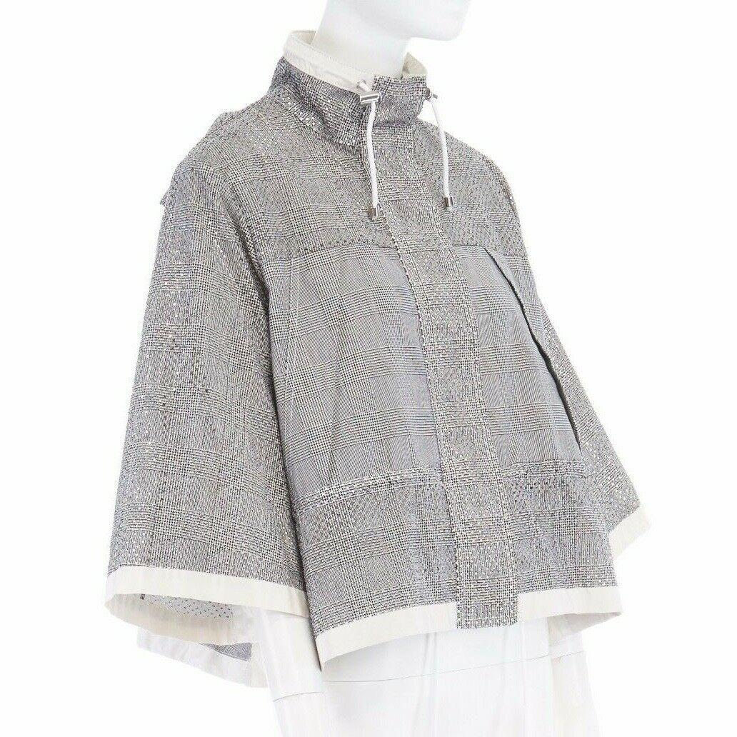 Women's runway SACAI SS14 grey prince of wales perforated flared back swing jacket JP1