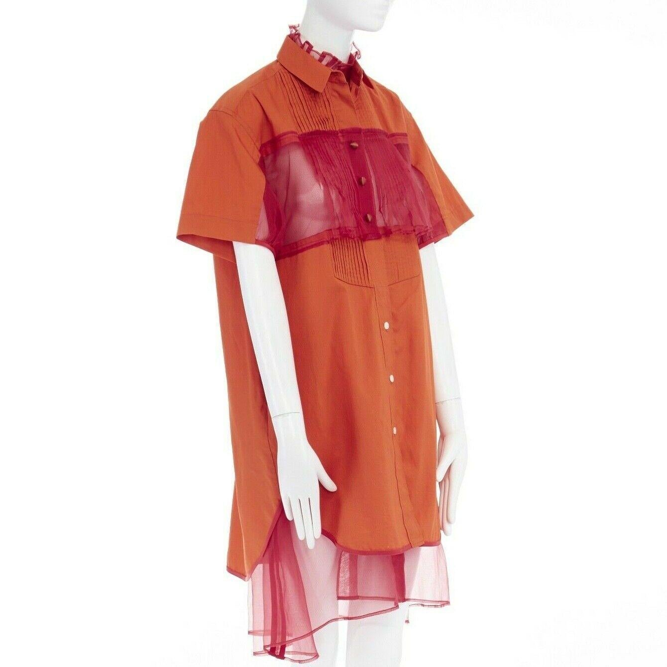 Orange runway SACAI SS14 orange polyester panel pleated collar cotton shirt dress JP1 S