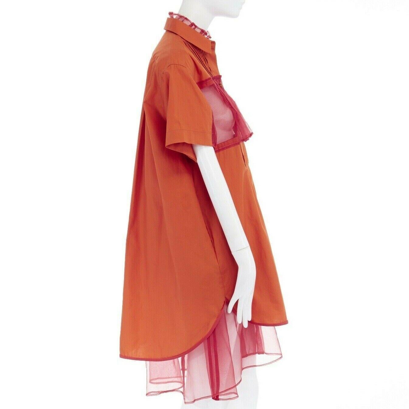 runway SACAI SS14 orange polyester panel pleated collar cotton shirt dress JP1 S In Excellent Condition In Hong Kong, NT