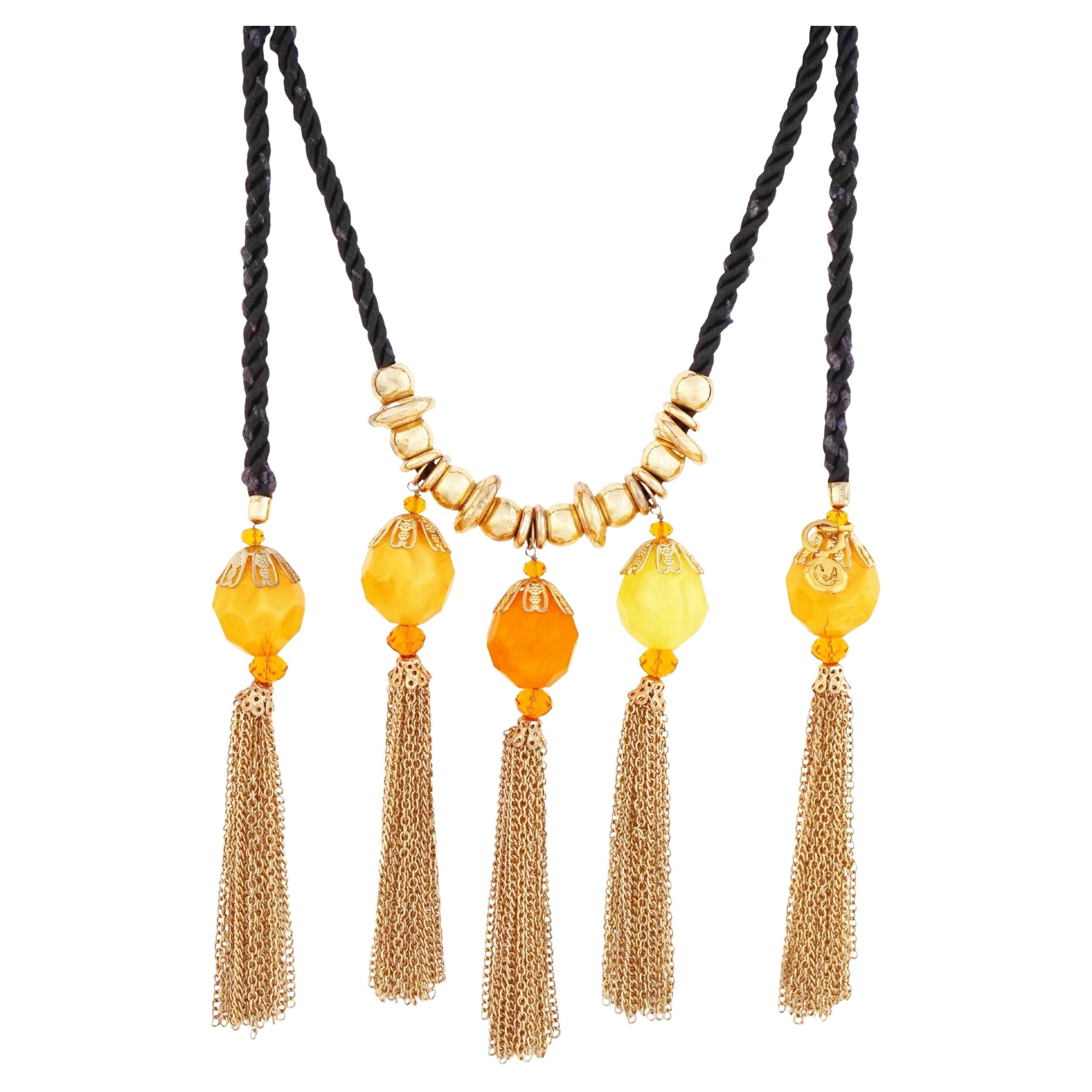 Runway Silk Cord Necklace With Faceted Resin & Chain Tassel By Christian Lacroix