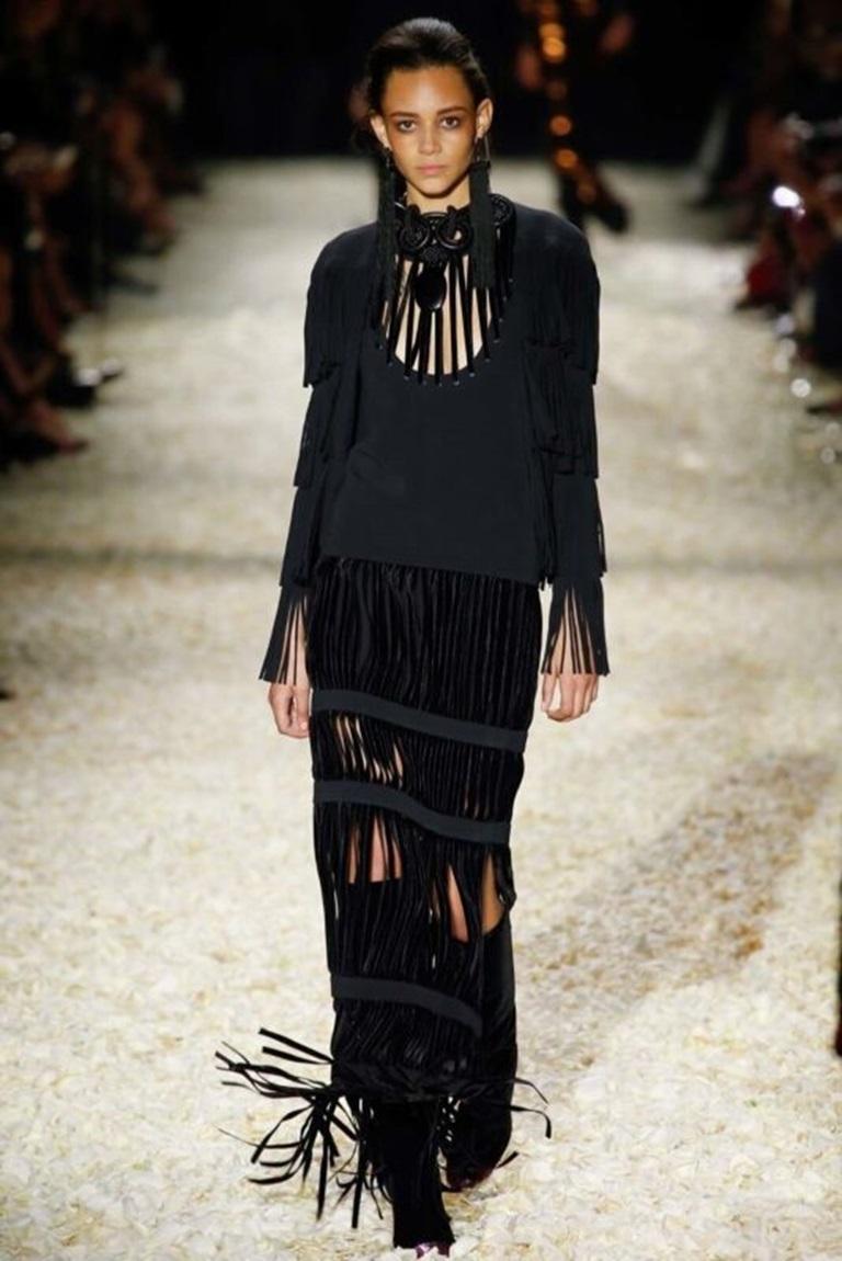 runway TOM FORD 2015 black tier fringed stretch cady open front jacket IT38 XS 6