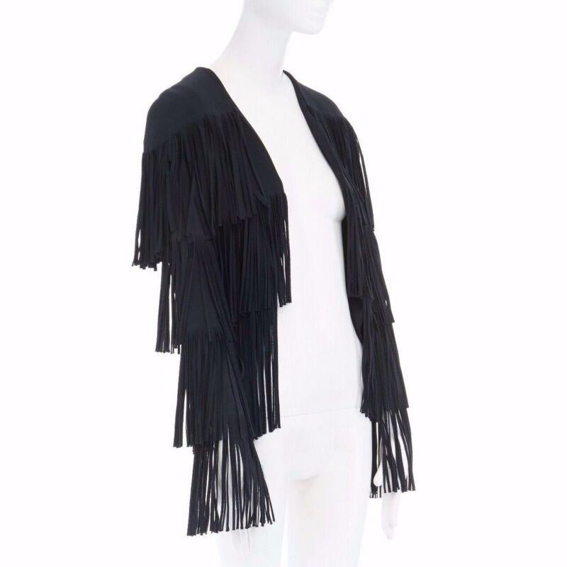 runway TOM FORD 2015 black tier fringed stretch cady open front jacket IT38 XS
Reference: ANSN/A00164
Brand: Tom Ford
Designer: Tom Ford
Collection: Fall Winter 2015 - Runway
Material: Viscose
Color: Black
Pattern: Solid
Extra Details: FROM THE FALL