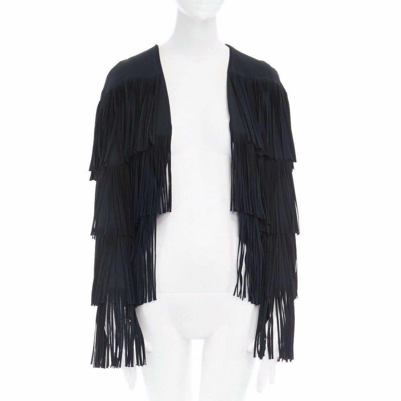 Black runway TOM FORD 2015 black tier fringed stretch cady open front jacket IT38 XS For Sale