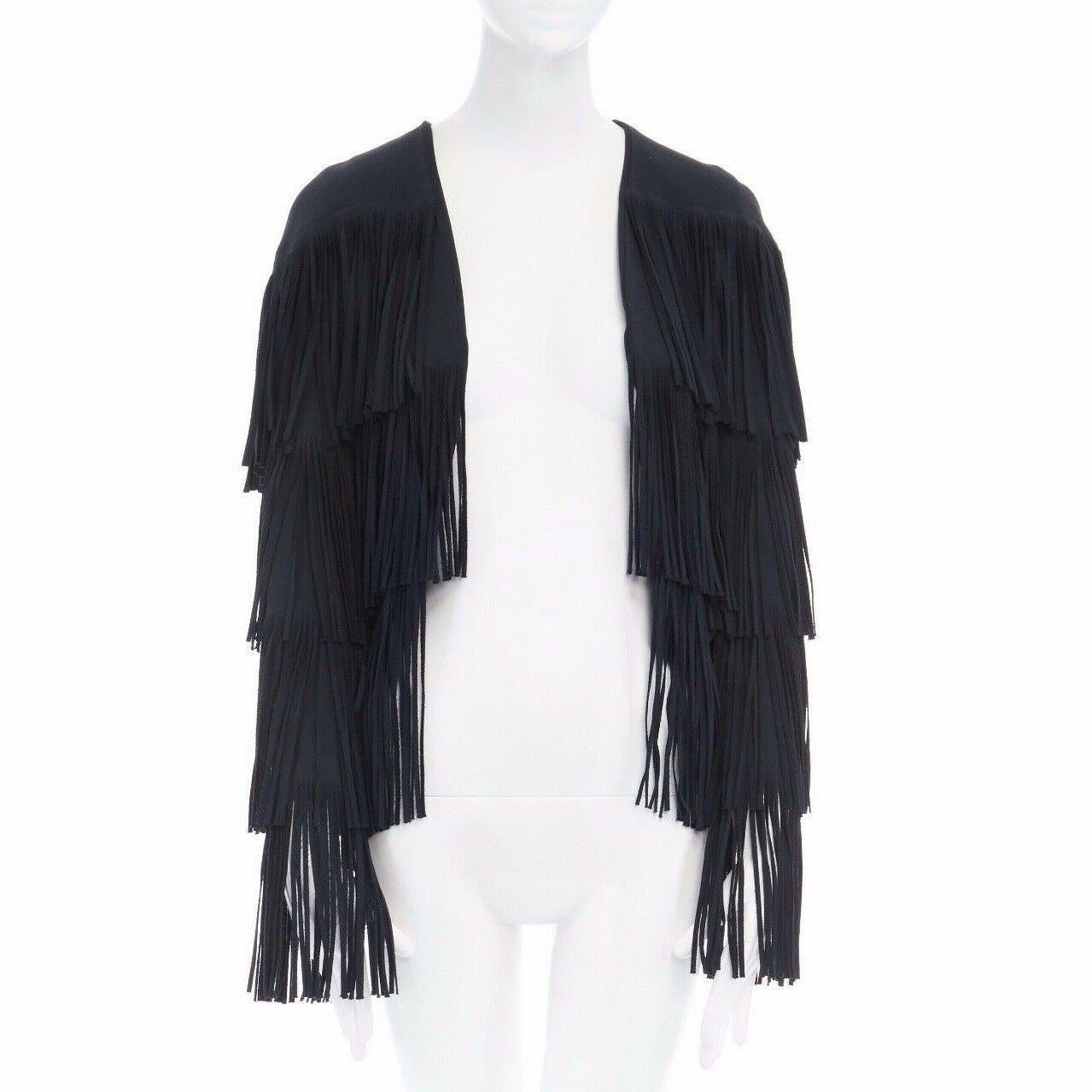 Black runway TOM FORD 2015 black tier fringed stretch cady open front jacket IT38 XS