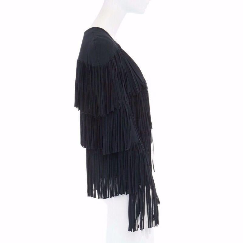 Women's runway TOM FORD 2015 black tier fringed stretch cady open front jacket IT38 XS