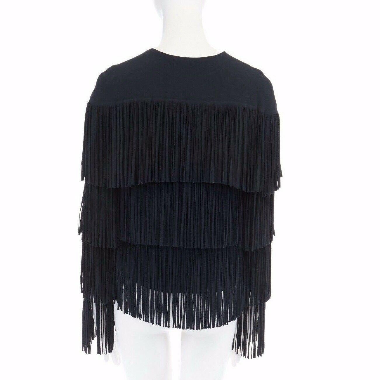 Women's runway TOM FORD 2015 black tier fringed stretch cady open front jacket IT38 XS For Sale
