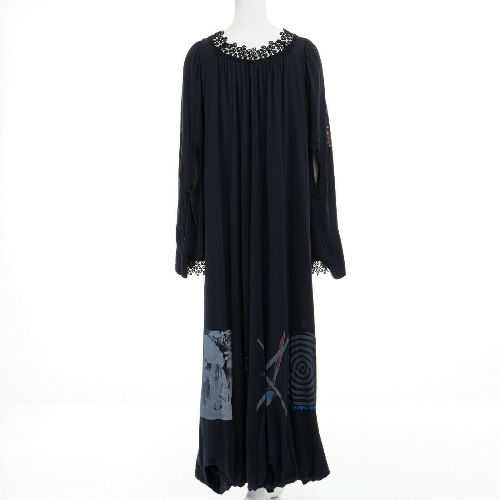 runway UNDERCOVER black deconstructed cotton t-shirt lace trimmed maxi dress JP1
UNDERCOVER
FROM THE SPRING SUMMER 2006 RUNWAY
100% cotton. Black washed cotton. 
Deconstructed and reconstructed from many printed t-shirts. 
Scoop neckline. Lace