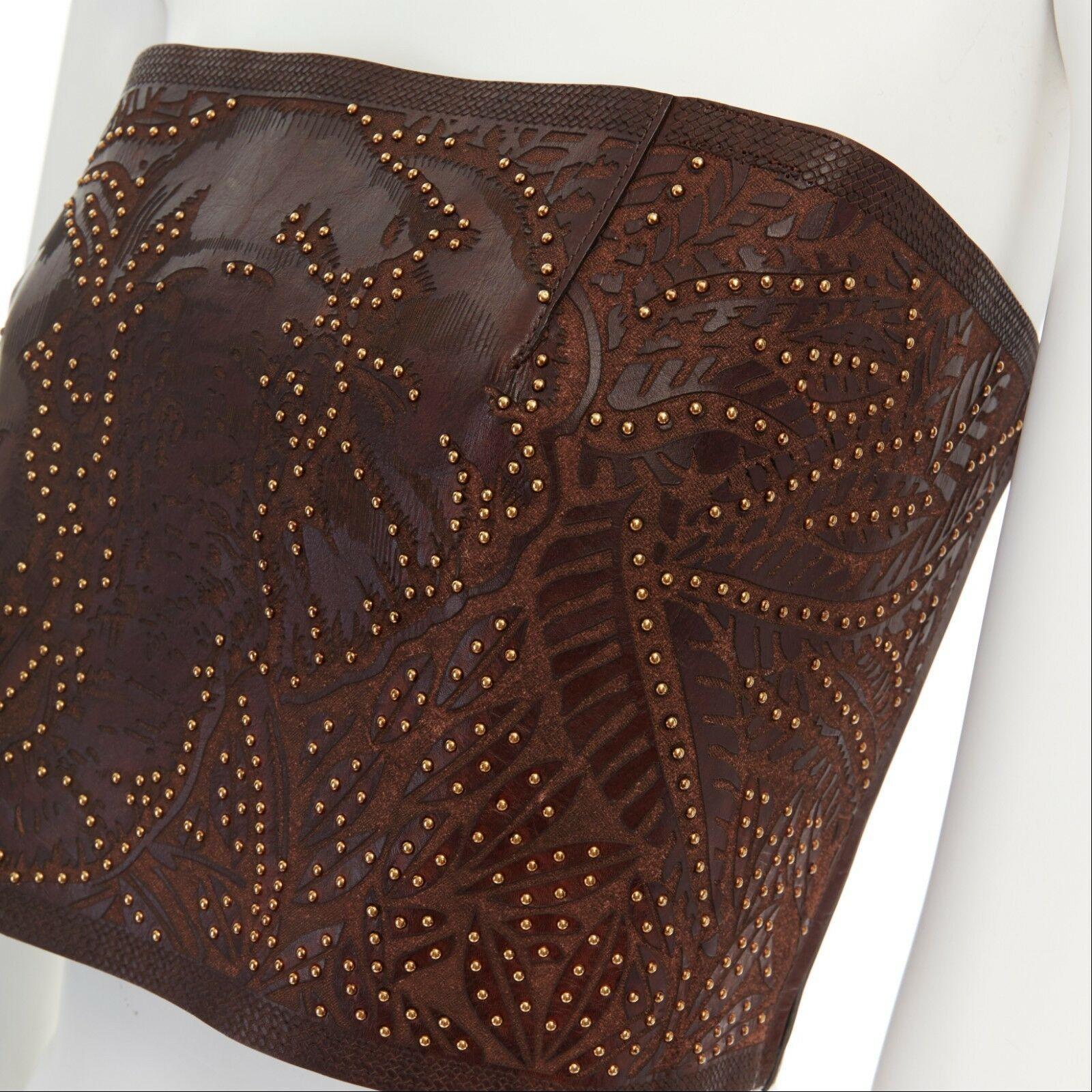 runway VALENTINO SS16 ethnic brown laser cut leather gold studded corset top S 6
