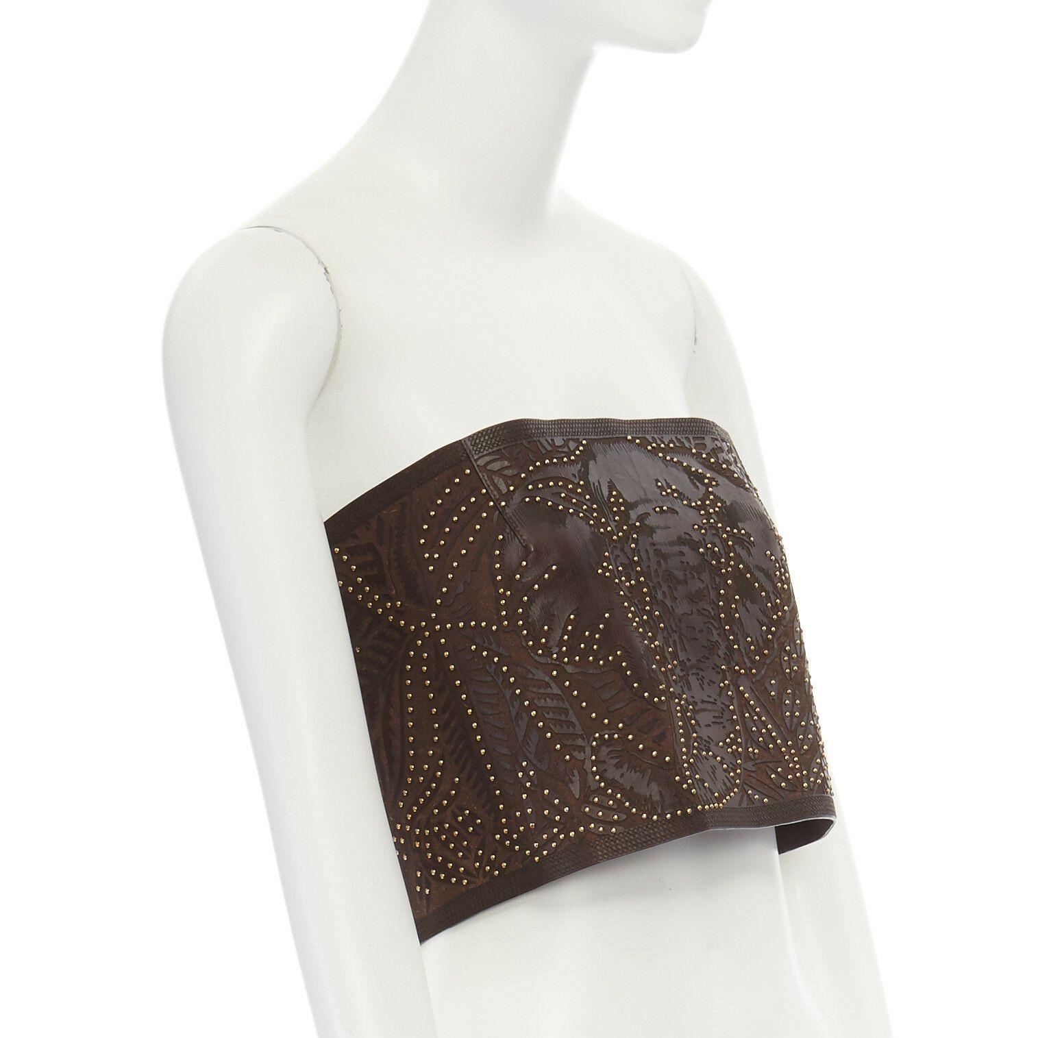 Women's runway VALENTINO SS16 ethnic brown laser cut leather gold studded corset top S