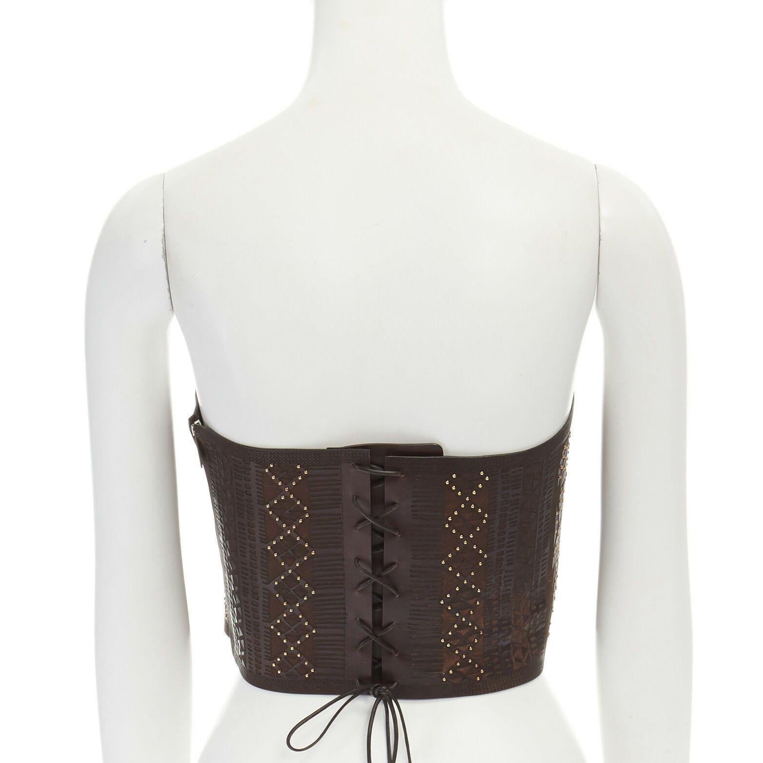 runway VALENTINO SS16 ethnic brown laser cut leather gold studded corset top S 1