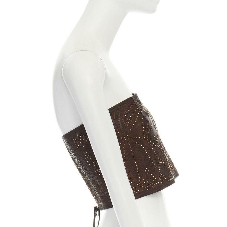runway VALENTINO SS16 ethnic brown laser cut leather gold studded corset  top S at 1stDibs