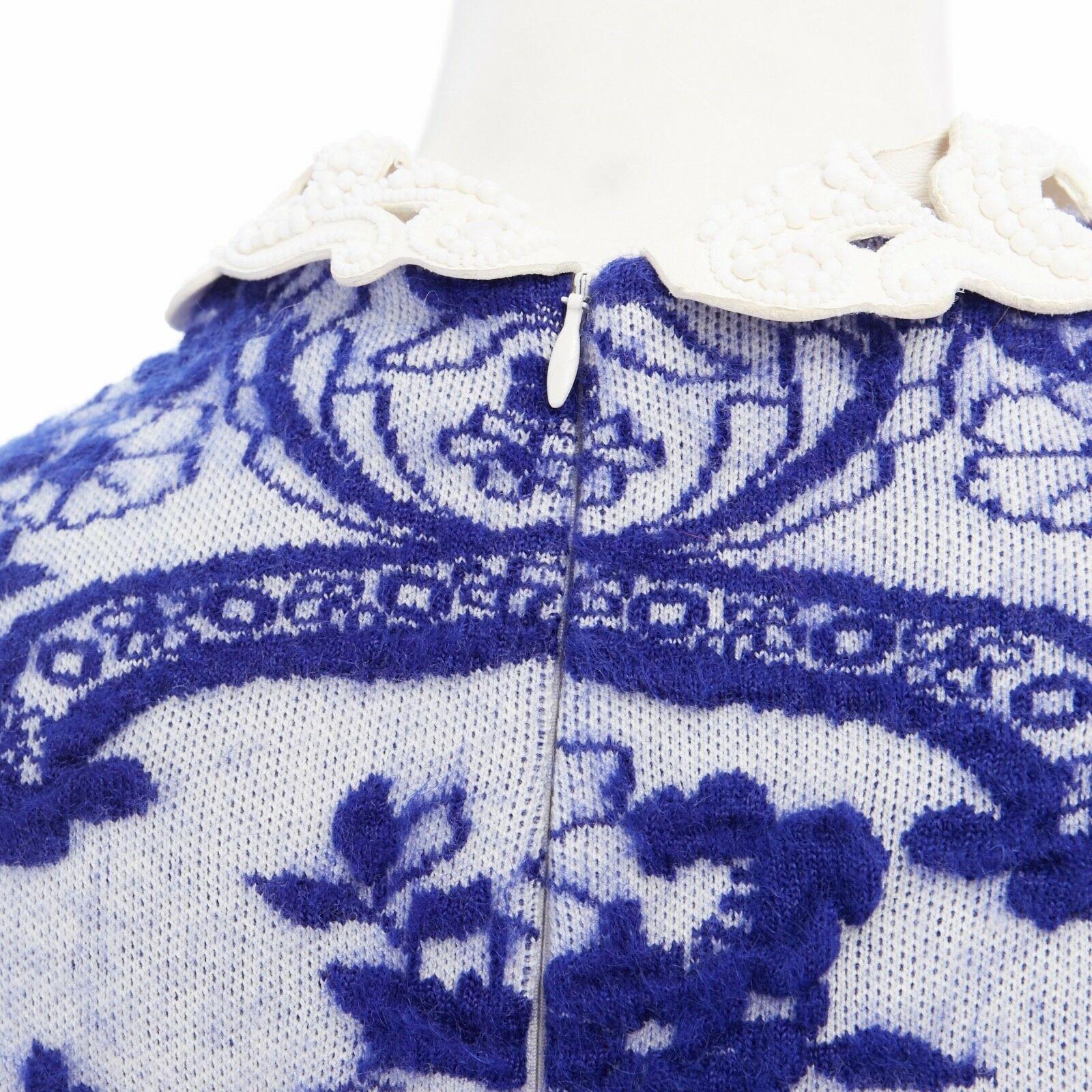 runway VALENTINO wool blue oriental china jacquard embellished collar dress S 3