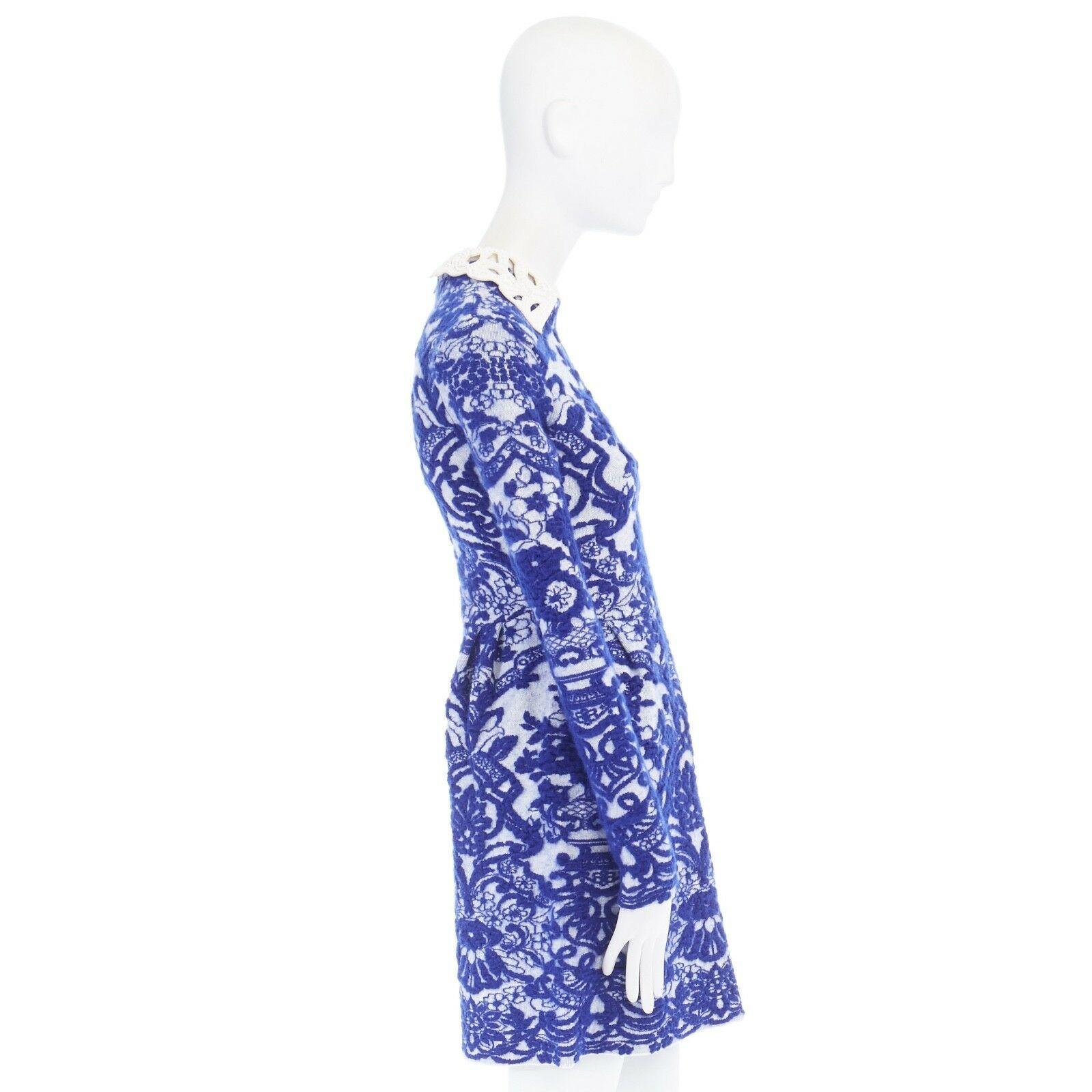 Blue runway VALENTINO wool blue oriental china jacquard embellished collar dress S