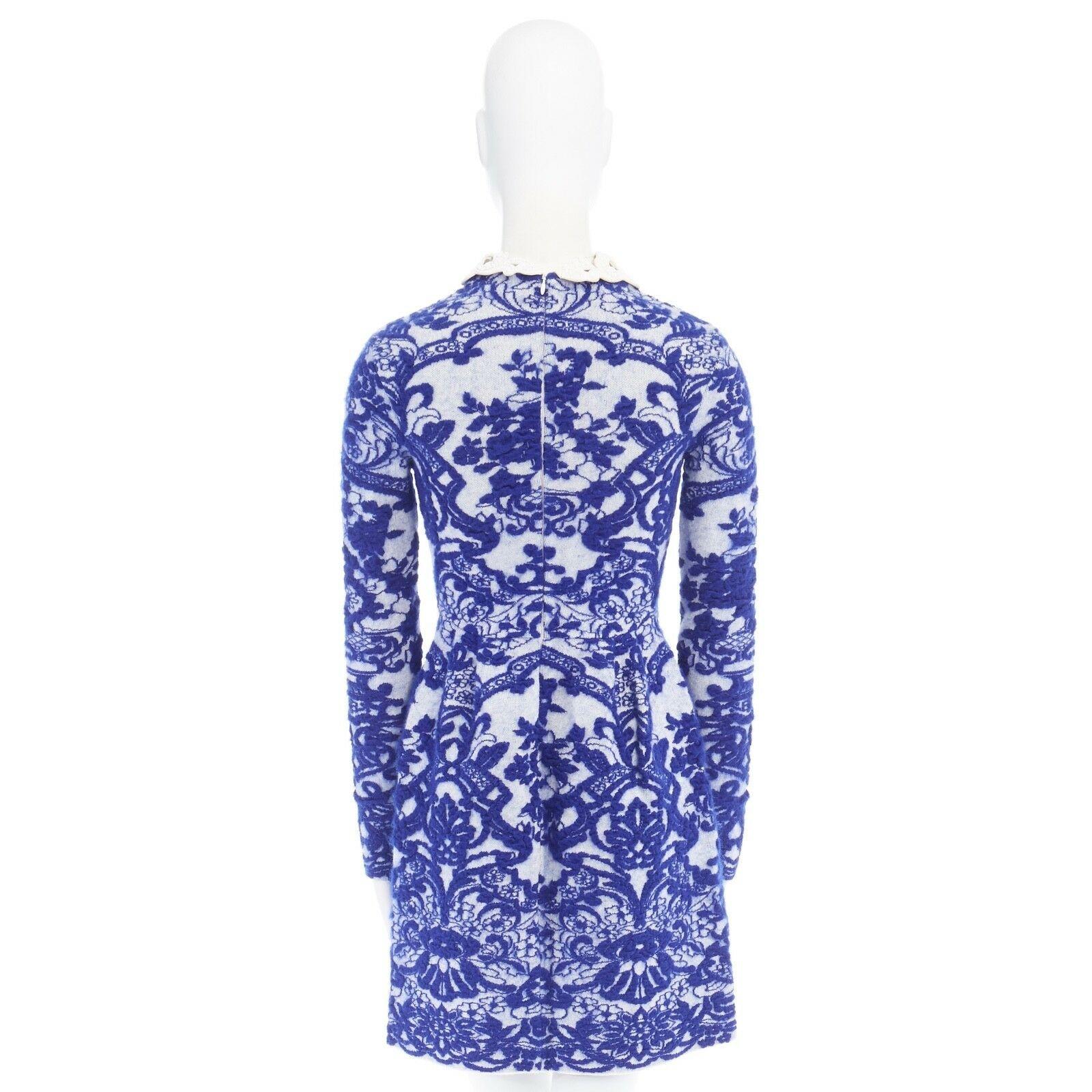 Women's runway VALENTINO wool blue oriental china jacquard embellished collar dress S