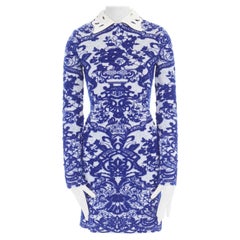 runway VALENTINO wool blue oriental china jacquard embellished collar dress S