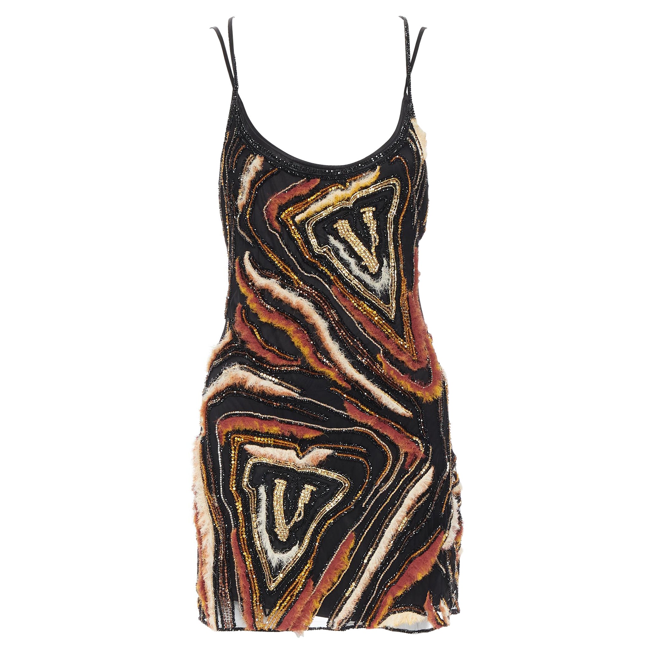 runway VERSACE 2020 black orange abstract stripe bead crystal mini dress IT38