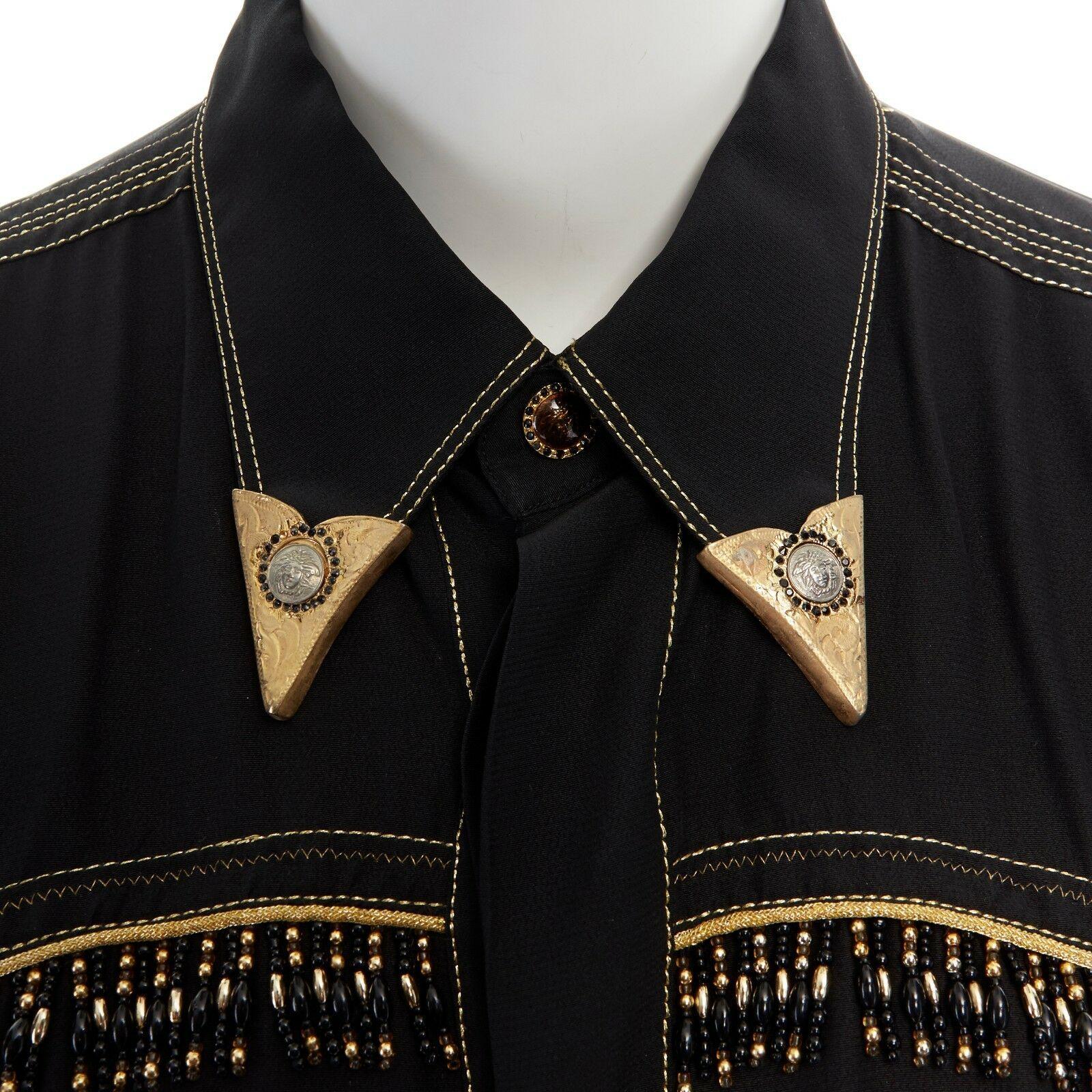 runway VERSACE AW92 black fringe beaded gold metal collar oversized shirt top In Excellent Condition In Hong Kong, NT