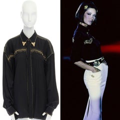 runway VERSACE AW92 black fringe beaded gold metal collar oversized shirt top