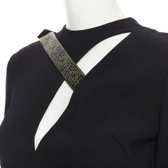 runway VERSACE black Greca stitch leather harness strap fit flare dress IT38