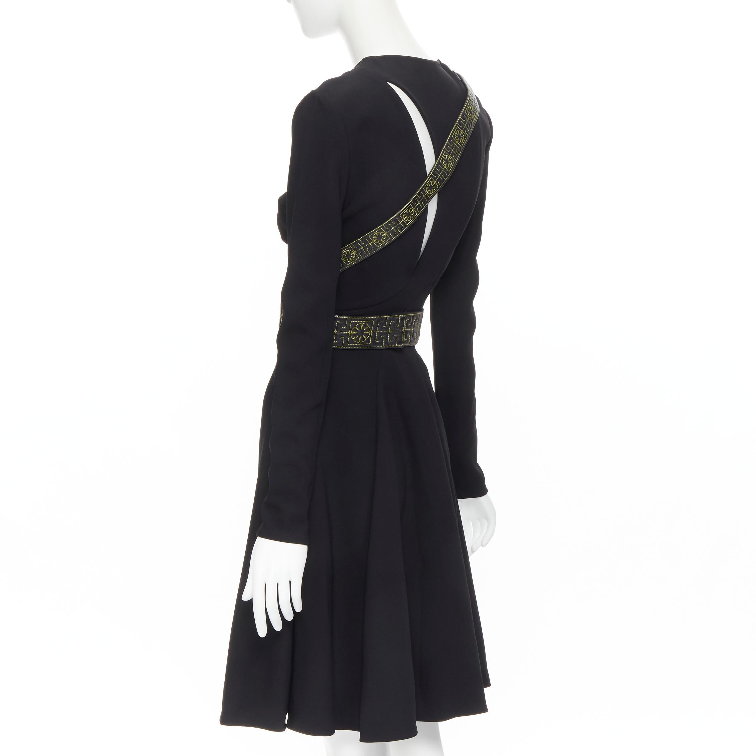 Black runway VERSACE black Greca stitch leather harness strap fit flare dress IT38 For Sale