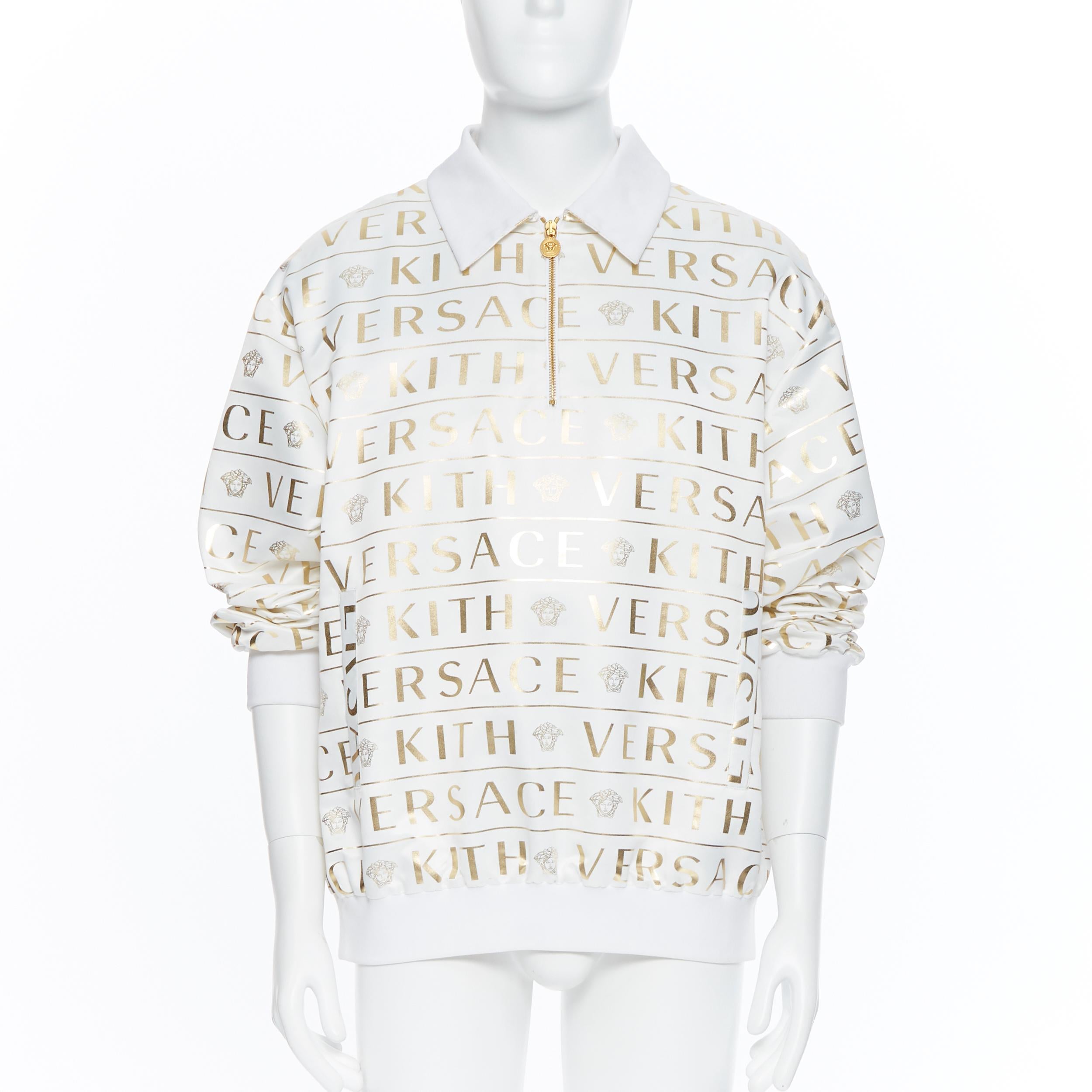 runway VERSACE KITH white gold monogram Medusa zip collar popover shell IT52
Brand: Versace
Designer: Kith
Model Name / Style: Popover
Material: Polyester
Color: White
Pattern: Other
Closure: Zip
Extra Detail: Long sleeve. High Neck neckline.
Made