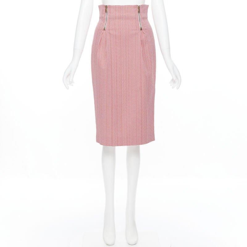 runway VERSACE red houndstooth cotton blend Medusa zip high waisted skirt IT38 In Excellent Condition In Hong Kong, NT