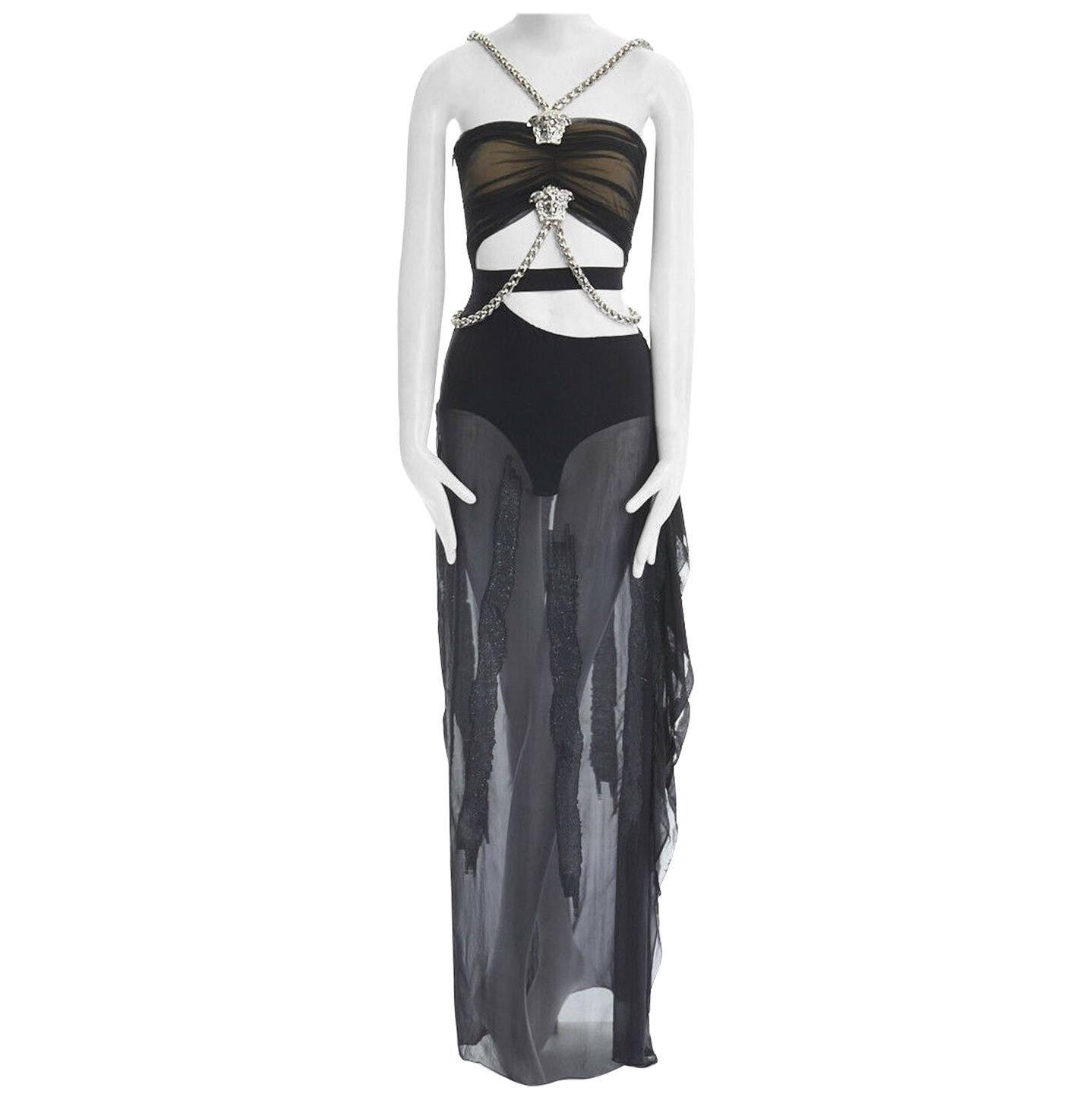 runway VERSACE SS14 black silk silver Medusa chain harness cut out gown IT38 XS