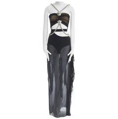 runway VERSACE SS14 noir soie argenté Medusa chaîne harnais coupe robe IT38 XS